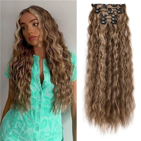 Clip In Hair Extensions, 6PCS Hair Extensions Deep Brown with Dirty Blonde